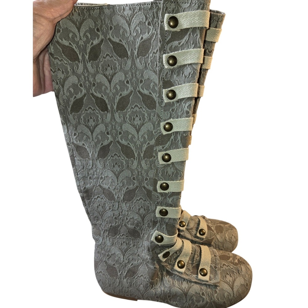 Joyfolie Leighton Dove Grey Damask Tall Boots Girls Youth 2 Brass Buttons